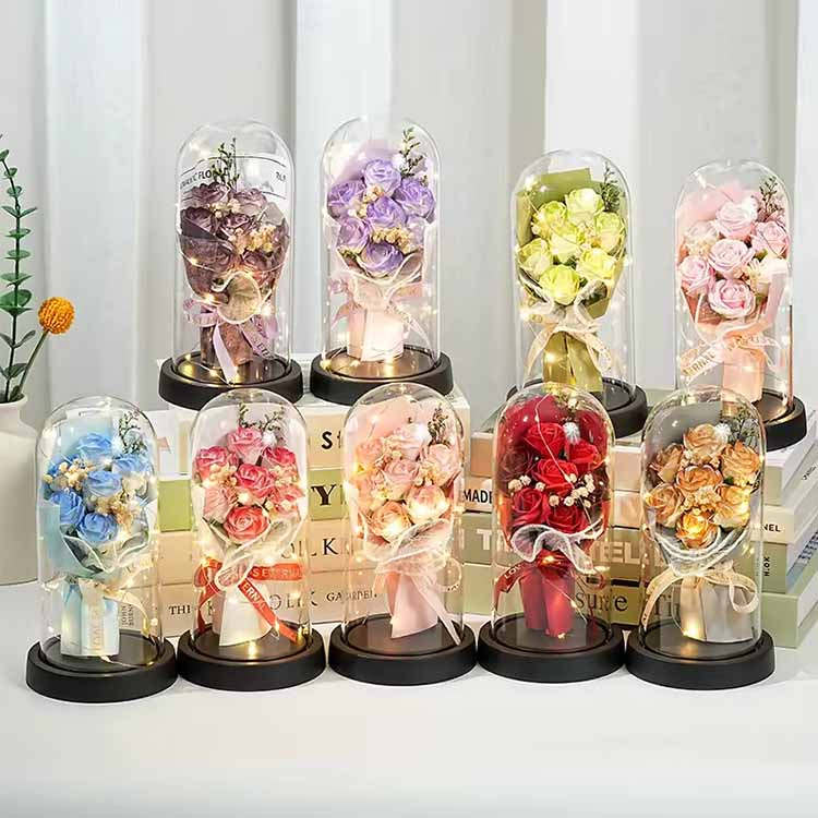 Glass Dome Soap Rose Bouquet With LED