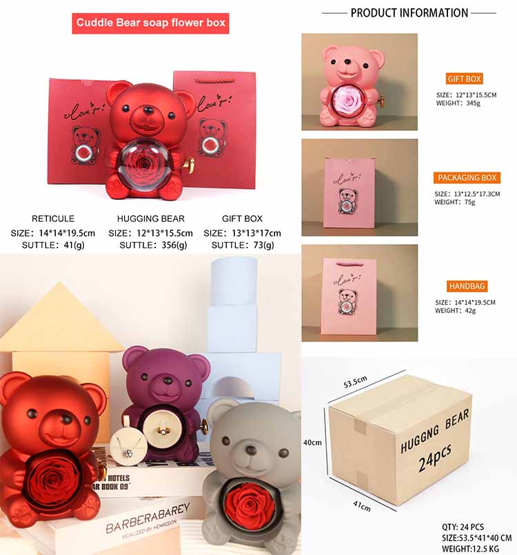 Hug bear rotating preserved rose jewelry box