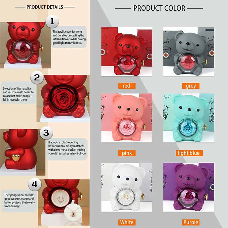 Hug bear rotating preserved rose jewelry box